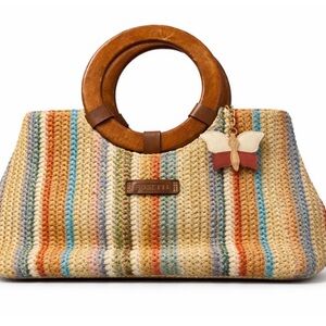 Rosetti Straw Woven Handbag Wooden Ring Handles Summer Purse, 11.5 X 7” EUC